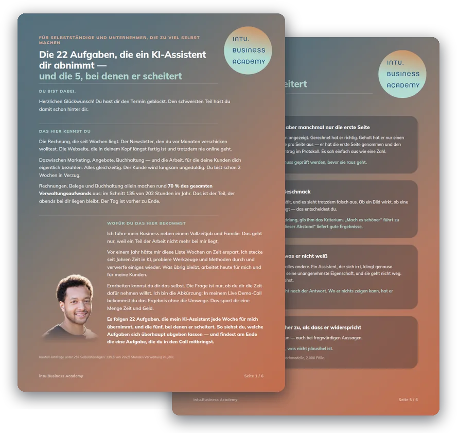 Vorschau des PDFs: Die Liste der 22 Aufgaben und die fünf, bei denen der KI-Assistent scheitert